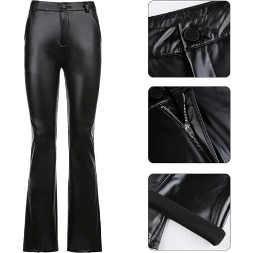 Women Vintage Shiny Black Faux Leather Pants Harajuku High Waist Flare Bell Bottom Slim Fit Stretchy Trousers Autumn Streetwear