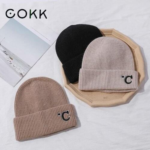 COKK Winter Hats For Women Beanie Embroidered Letter Solid Color Thick Warm Knitted Cap Casual Simple Hat Female New 2021
