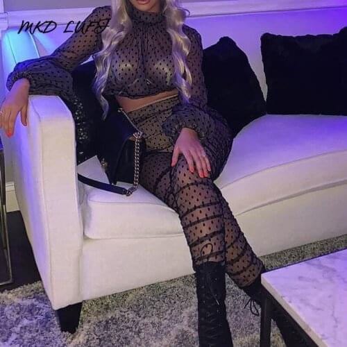 Elegant Polka Dot Mock Neck Long Sleeve Crop Tops & High Waist Skinny Pants Set Women Casual 2 Piece Set Outfits Streetwear