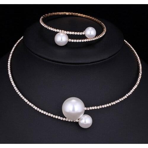 Fashion Women Simple Simulated Pearl Bridal Jewelry Sets Crystal Wedding Necklace+Bracelet Set TT@88