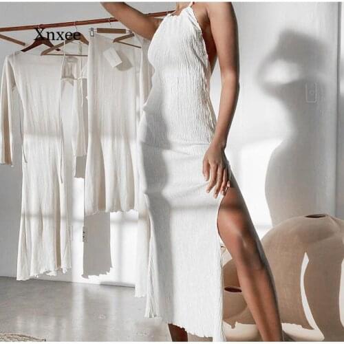 2021 Summer White Long Dress for Women Solid Halter Sleeveless Ruffle Split Female Sexy Backless Stylish Party Dresses Vestidos
