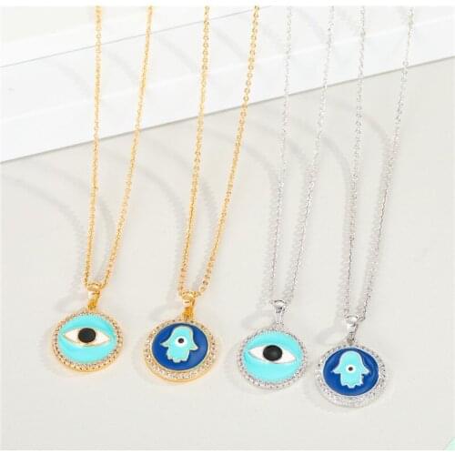 1PC Bohemian Crystal Round Turkish Eye Pendant Necklace For Women New Vintage Fatima Hand Choker Short Necklace Jewelry N698-16