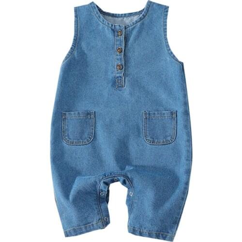 2021 3-24M Toddler Baby Sleeveless Romper Casual Summer Blue Solid Color Button Front Pocket Jumpsuit Denim Overall Pants