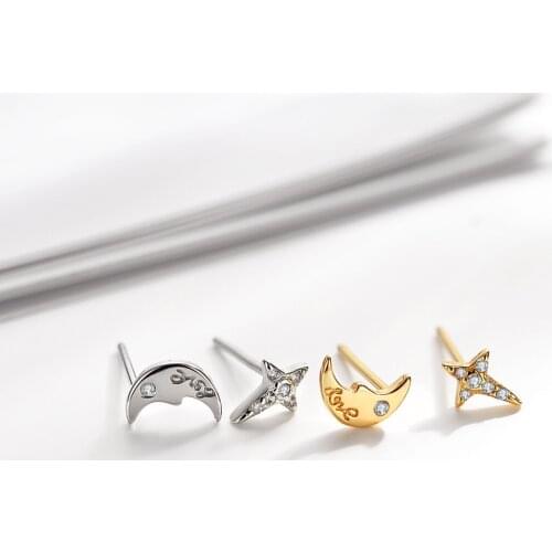 2021 New Style Gold-plated Four Pointed Star Moons Asymmetric Earrings Fashion Inlay Zircon Earrings Charm Lady Cocktail Jewelry