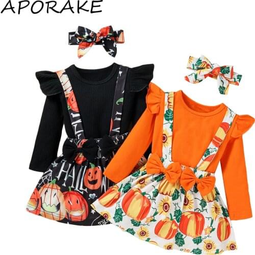 2021 0-3Y Halloween Infant Girl Clothing Set Fly Long Sleeve T-shirt Top+Pumpkin Print Straps A-line Skirt+Headband 3pcs Outfits