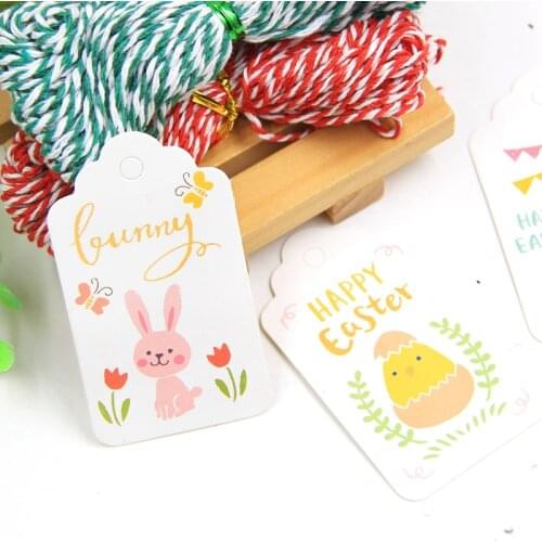 50PCS Easter Kraft Paper Tags With Rope Bunny Rabbit Labels Kids Gift Box Decorations DIY Craft Hanging Ornaments Home Supplies