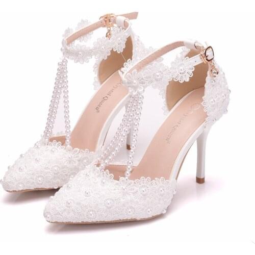 Large size white lace wedding shoes one line wristband brides shoes thin heel pointed wedding dress shoes womens sandals