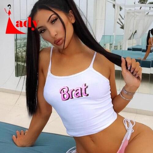 Brat Letter Ptint U Neck Sleeveless Camisole Top Female Streetwear Club Backless Slim Crop Top 2021 Summer Women White