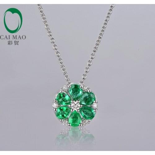 Caimao Jewelry Natural 1.42CT Emerald H SI Diamond Engagement 14k White Gold Pendant Chain
