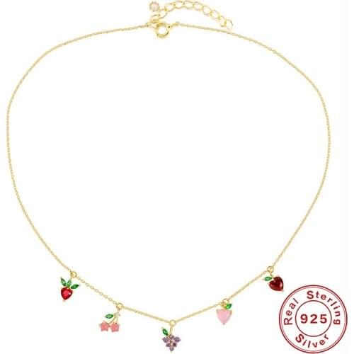 CANNER S925 Silver Necklace For Women Girls Purple Grapes Red Apples Tropical Fruit Chain Choker Necklaces Collier Femme 1 PCS