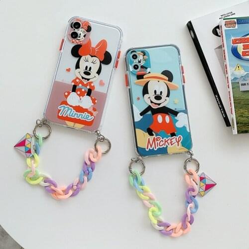 Original Disney Mickey Minnie Phone Case for IPhone XR XS X 12 11 Pro Max 12Mini 7 8 Plus SE2 with Bracelet TPU Phone Back Cover