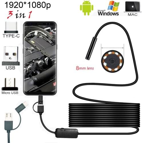 3in1 1080p Endoscope Camera MicroUsb Type-C Android Smartphone 2M 5M 10m Hard Flexible Wire 8mm Endoscopy Camera Inspection