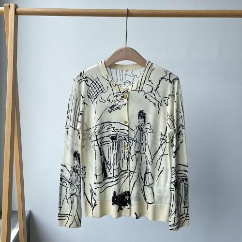 2021 Early Autumn Paris Line Graffiti Round Neck Long-sleeved Knitted Cardigan Women Spring and Autumn Thin