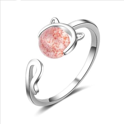 KOFSAC New Pure Silver 925 Ring Simple Cute Cat Strawberry Crystal Open Rings For Women Girl Party Jewelry Valentines Day Gifts