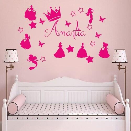 Princess Room Personalised Name decoration Wall sticker Cinderela Rapunzel Girl Wall decals Baby Girls bedroom Customized G1004