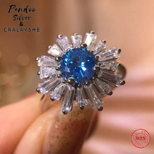 PANDOO Fashion Charm Pure 925 Silver Original 1:1 Copy, Classic Shiny Blue Crystal Sunflower Ring Female Luxury Jewelry Gifts