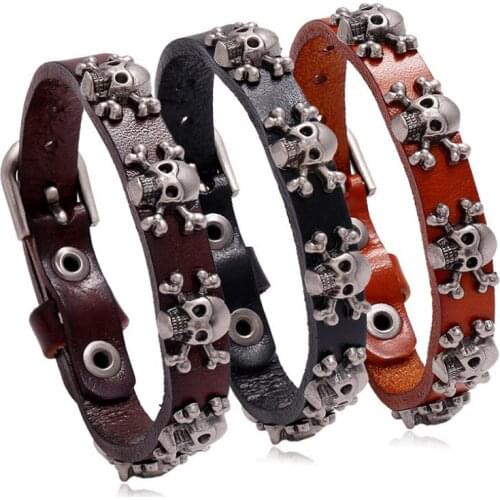 Punk Men Skull Rock Bracelet Vintage Skeleton Beads Charm Genuine Leather Wristbands Belt Retro Wrap Bangle Women Gothic Jewelry
