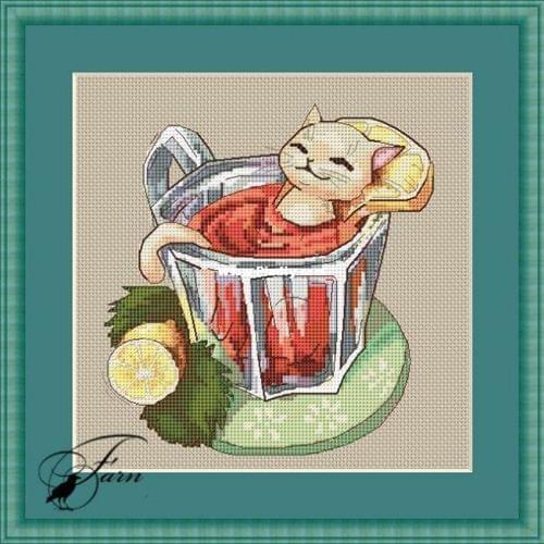 ZZ MM Counted Cross Stitch Kit Fan blowing a fan Handmade Needlework For Embroidery 14ct Cross Stitch Cat Lemon Tea