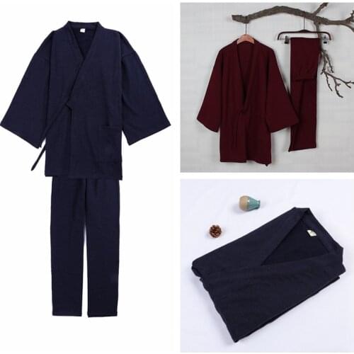 Japanese Traditional Style Autumn & Winter Loose Thick Pajamas Pants Set Mens Sleep & Lounge Kimono Yukata Bathrobe Obi Outfits