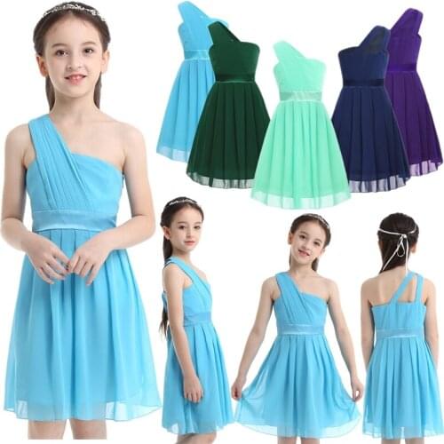 Flower Girl Dresses Summer One Shoulder Cutout Back Pleated Chiffon Dress Holy Communion Dress for Girls Wedding Party Costume