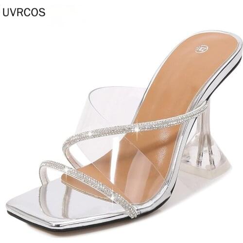 Transparent PVC Slippers Crystal Cup high-heeled Sexy Casual Shoes Plus Size 35-43 44 45 46 Women Open Toe Transparent Slippers