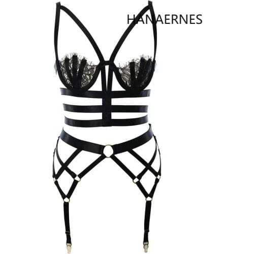 HANAERNES Harajuku Gothic sexy black lace open chest cage bra crop top bondage nightclub woman sexy suspenders underwear