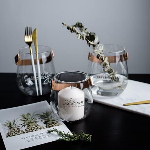 Modern Transparent Glass Flower Vase Leather Portable Candle Holder Storage Bottle Flowerpot Home Wedding Decoration Accessories