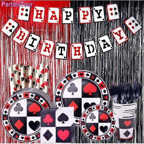 Casino Theme Decor Poker Disposable Tableware Paper Straw plate Cups Tablecloth Casino Las Vegas Party Background Decor Supplies