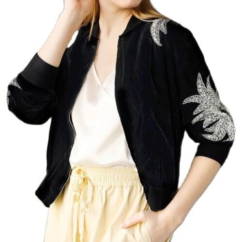 Black Velvet Women Jackets 2021 New Autumn Stand Collar Basic Bomber Coats Long Sleeve Thin Female Zipper Short Baseball Outwear