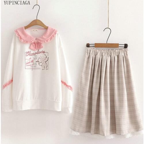 Womens Sets Korean Clothes Cute Doll Collar Lace Kawaii Hoodie + Plaid Skirt Suit 2020 Autumn Female Sweet Style 2 Piece Set