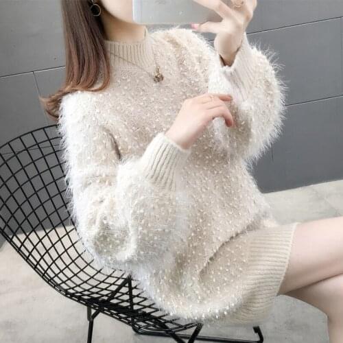 Mink Velvet Turtleneck Lantern Sleeve Sweater Women Solid Color Warm Long Sleeve Mid-Length Knitted Pullover Clothing Female Top