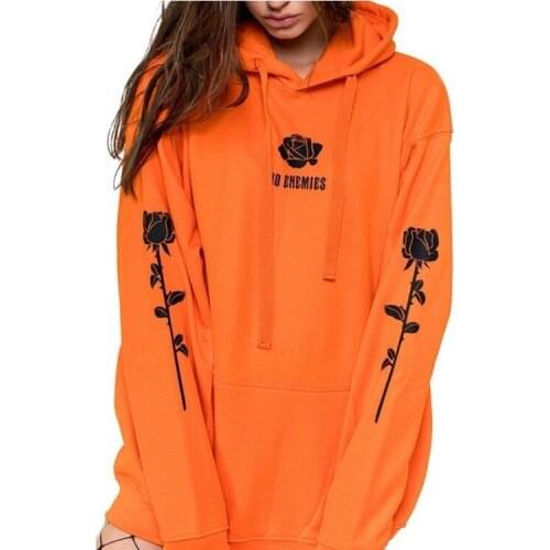 2020 Autumn Hooded Sweatshirt Print Rose Casual Loose Pullover Jumper Tops Coat Long Sleeves Hooded Collar Solid Color