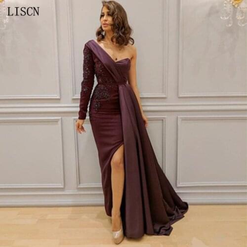One Shoulder Mermaid Evening Dress Satin Latest Design Formal Gown Side Slit Handmade Appliques Custom Made Robe de Soiree