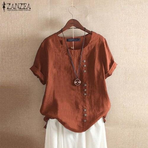 ZANZEA Summer O Neck Short Sleeve Blouse Women Cotton Linen Shirt Casual Loose Buttons Tops Femininas Blusas Work Top Chemise