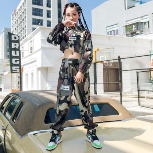 Kids Hip Hop Dance Costume Girls Camouflage Tops Pants Autumn Long Sleeves Set Modern Hiphop Outfits Stage Show Rave Wear BL4970