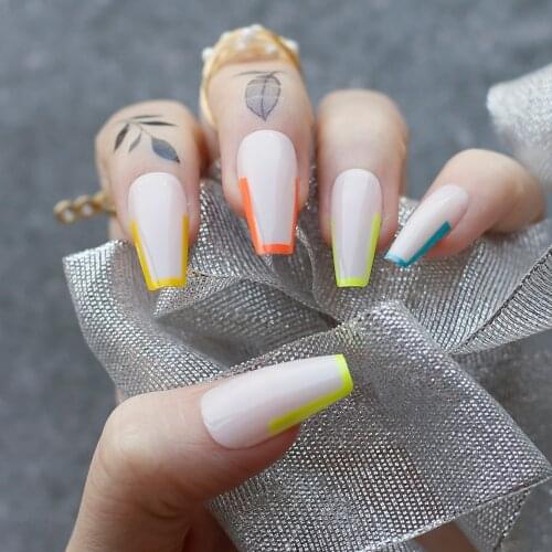 Coffin French rainbow Fake nails Color fine outline Ballet Art Nails French design False nails 24PCS Full sets
