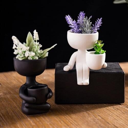 Ceramic Flower Pot Humanoid Character Sitting Posture Sculpture Vase Desktop Flower Arrangement Container Couple Gift Ornaments