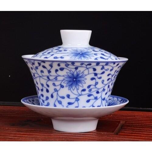 Jingdezhen tea set cover bowl tea bowl blue and white painted celadon large ceramic Sancai bowl tea cup cover bowl
