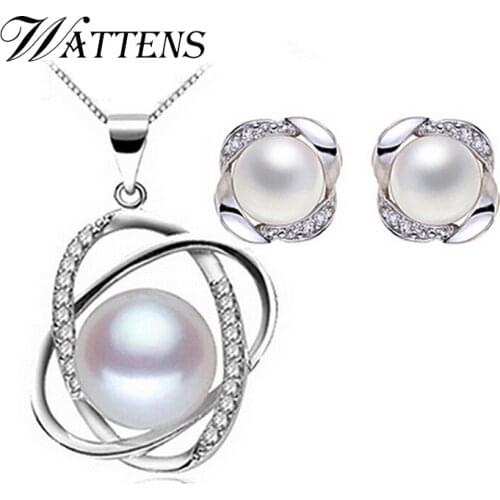 WATTENS Fashion natural Freshwater Pearl Jewelry Sets ,pearl pendant Necklace Earrings and ring for women,Wedding Jewelry Sets