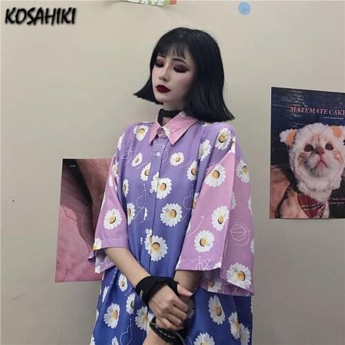 KOSAHIKI Women Harajuku Blouse Chic Japan Floral Print Design Summer Vintage Femme Shirts Top All-match Ladies Streetwear