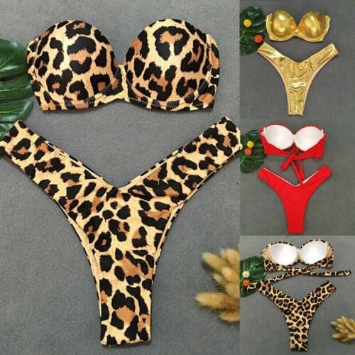 Hot Women Ladies Bikini Set Padded Push-up Bra Triangle Leopard Bikini Swimsuit Bandage Beach Swimwear Swimsuit Two-Piece Suits
