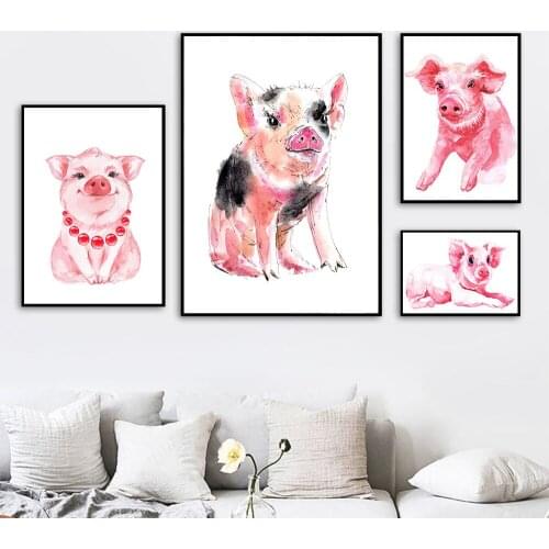 Cute Cartoon Animal Decor Poster Picture Pink Pig Baby Childrens Room Kindergarten Canvas Painting Wall Art Kids Room Decor