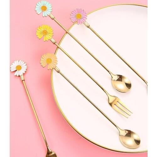 Daisy Sun Flower Mini Stainless Steel Coffee Stirring Spoon Dinner Fruit Fork Teaspoon Dessert Tea Spoon Tableware Children