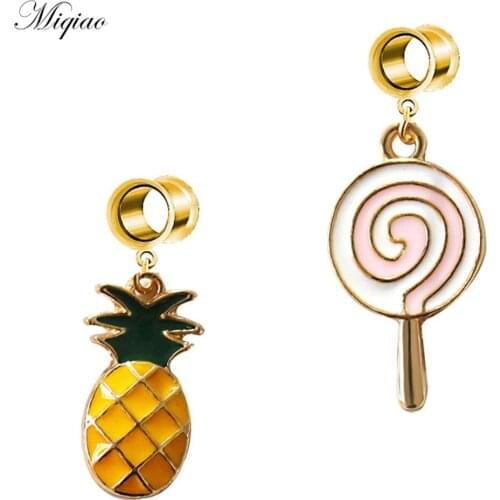 Miqiao 2pcs Fashion Sweet Soft Girl Dripping Oil Lollipop Pineapple Double Horn Ear Expander Piercing Jewelry