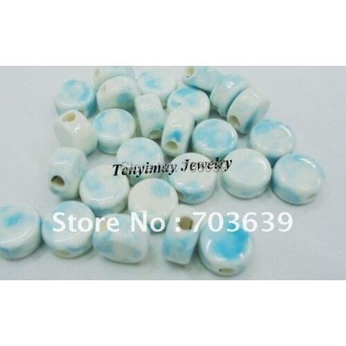 Fashion 12x7mm Light Blue Oblate Round Ceramic Charm Beads 100pcs Free Shipping