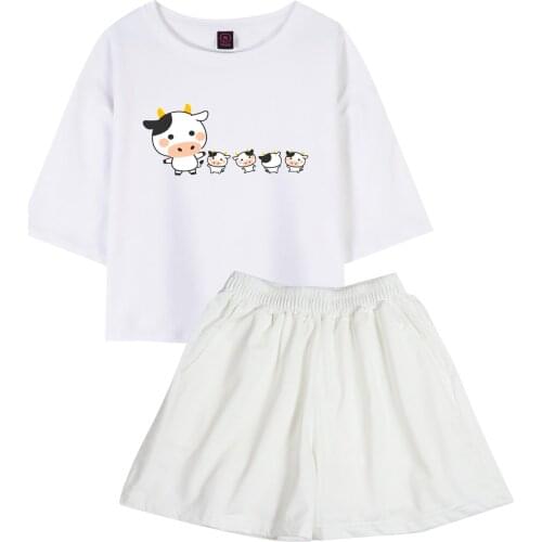 Fashion Pajamas Black Shorts for Womens Harajuku Milk Cow Tops Cotton T Shirt Casual Outdoors Clothing Two Piece Set Trousers