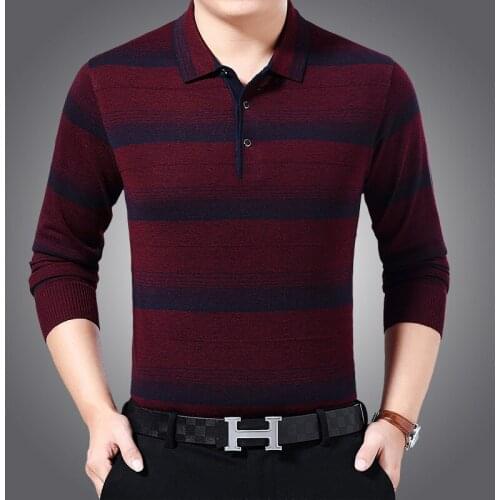 Middle Aged Male Buttons Jumper Casual Striped Thin Wool Sweater T Shirts Man Turn-Down Collar Knit Clothing Long Sleeved