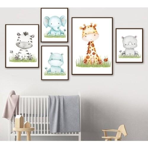 Wall Art Canvas Painting Woodland Nursery Rhino Hippo Zebra Lion Giraffe Posters Print Wall Pictures Baby Kids Room Decoration