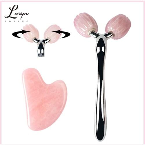 Natural Stone Rose Quartz Roller Facial Massager 3D Jade Roller Jade Scraping Face-lifting Massager Facial Roller Lifting Tool