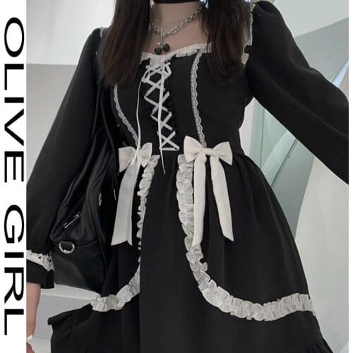 Autumn Japanese Black Gothic Lolita Dress Vintage Victorian Soft Girl Cute Bow Lace-up Ruffles Princess Dress Women Punk Dresses